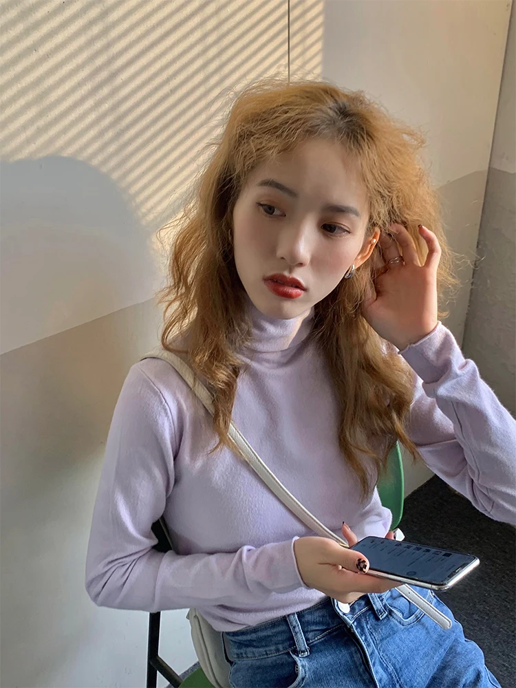 

Ele Pure Color Knitwear Anni Li High Collar Women's Inner Wear Slim Fit Top Cotton Commute Sle Long Sve 202 Autumn