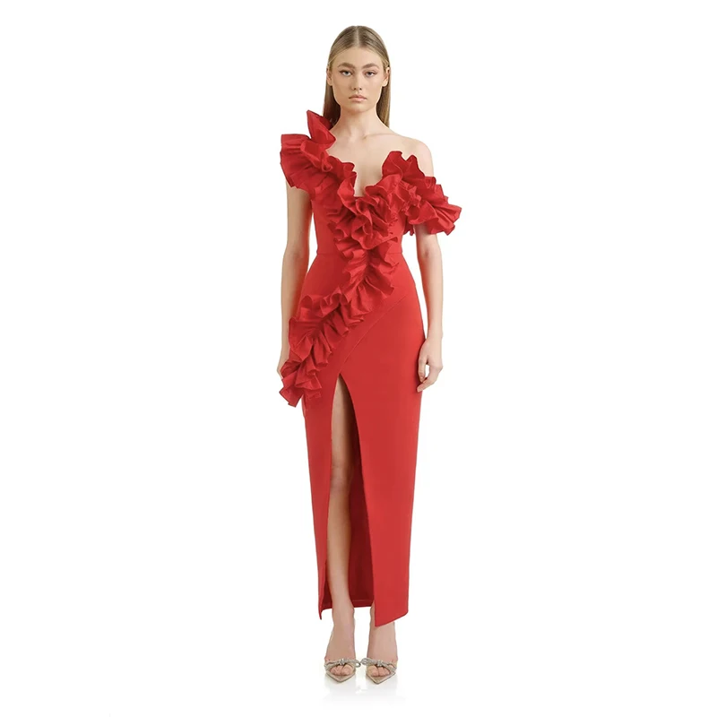 Red Black Women Sleeveless Sexy Off the Shoulder Ruffles Bodycon Long Bandage Dress Nightclub Party Celebrate Cocktail Dress