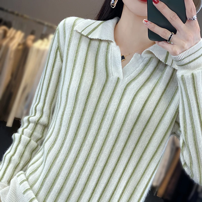 100% Merino Wool Sweater Women\'s Pullover Autumn Winter Most Trend Women\'s Clothing Fashion Classic Striped Knit POLO Neck Top