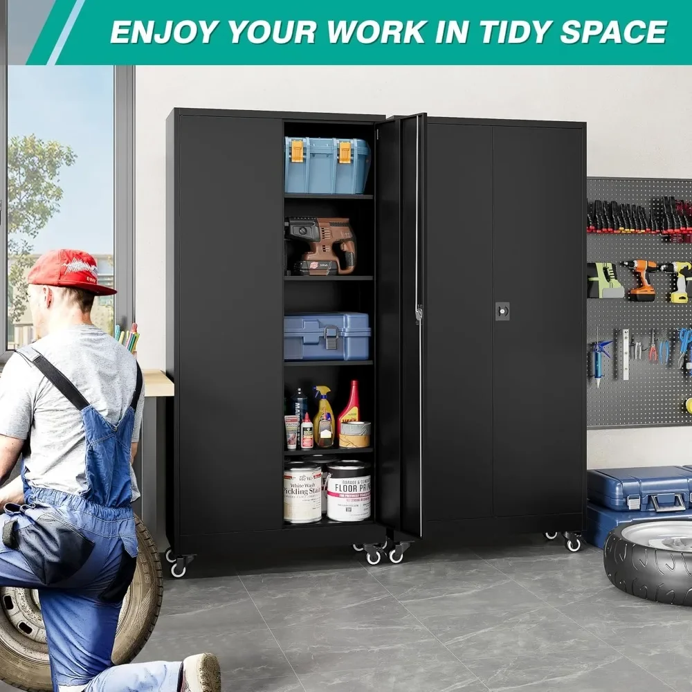 

75 Inch Locking Rolling Garage Storage Cabinet, Black Metal Cabinet with Rollers and Shelves, Tall Tool Storage Cabinet