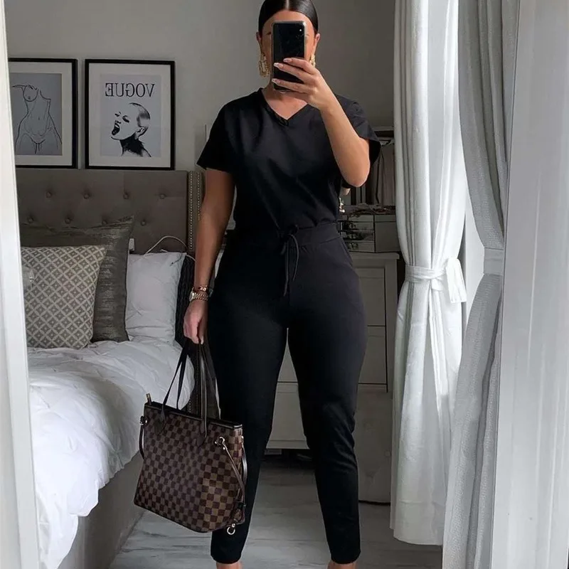 

Loose Casual Two Piece Set Women V-Neck Short-Sleeved T-shirt High-Waist Lace-Up Slim Trousers Solid Colors Sports 2 Piece Sets