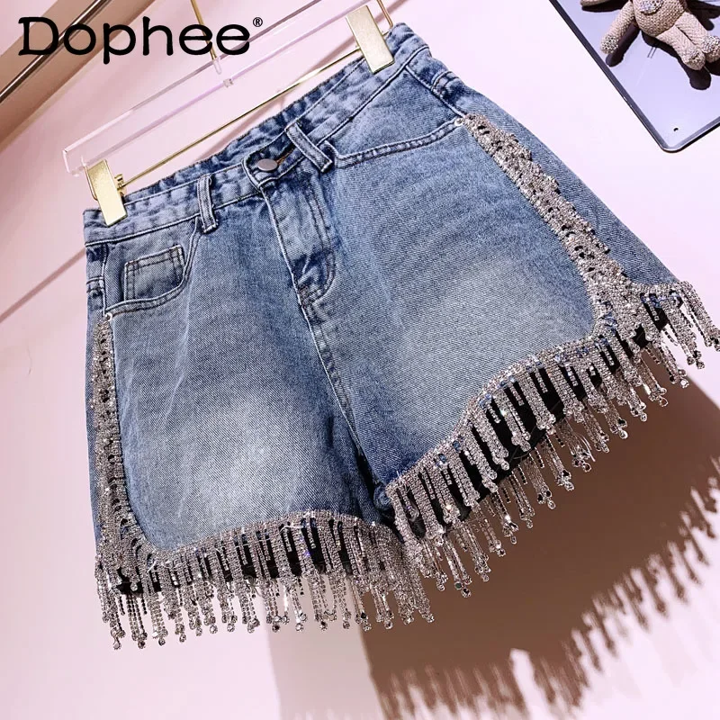 Rhinestone High Waist Denim Shorts Flash Women's 2022 Summer New Shiny High-End Diamond Tassel Slimming Hot Pants Biker Shorts