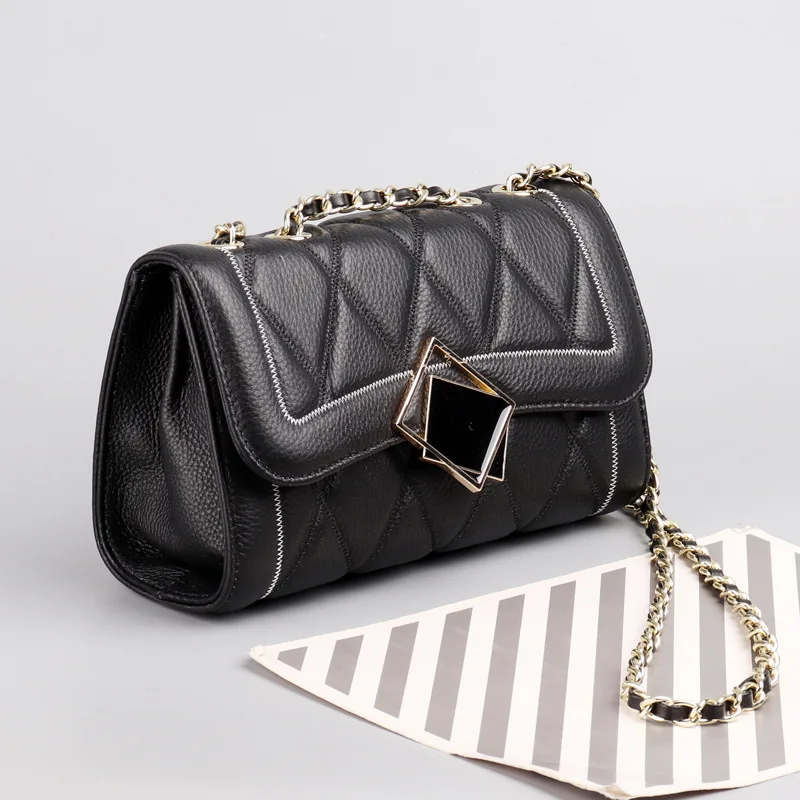 

One Bag Women's Crossbody Shoulder Handbag New Fashionable Y2k Fresh Leather Straddle Head Layer Cowhide Chain Small Square Hand