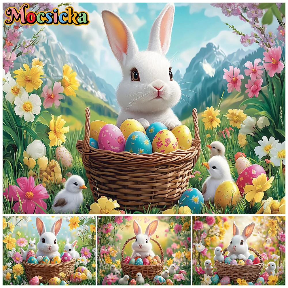 Mocsicka Easter Egg Photo Backdrop Spring Flower Rabbit Pattern Photography Backgrounds Party Decorations Studio Shoot Wallpaper
