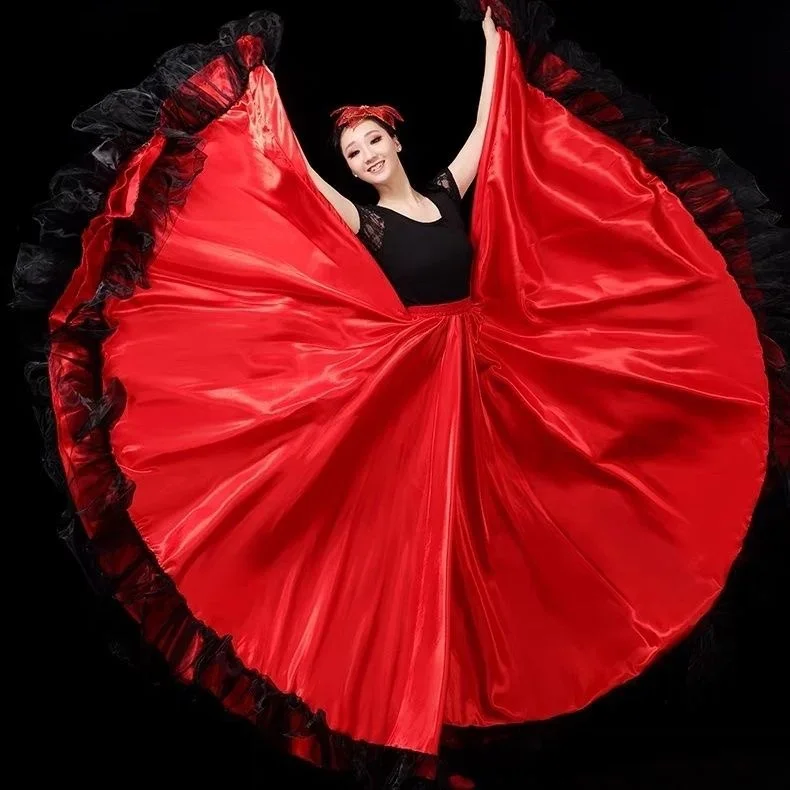 Women Spanish Paso Doble Flamenco Skirt Smooth Big Swing Lace Stitching Carnival Party Ballroom Gypsy Belly Dance Costumes