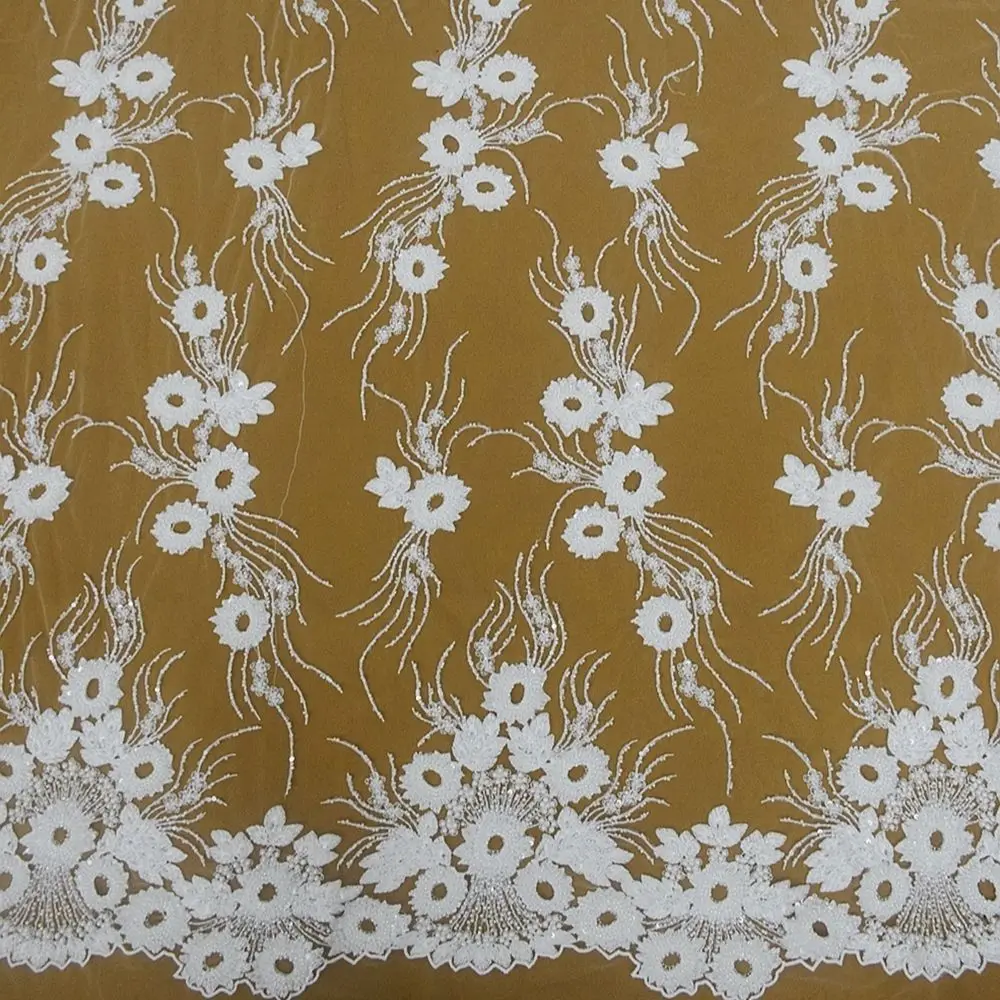 

1 Yard Austrian Pure White Heavy Beaded Lace Fabric High End Pearl Embroidery for Nigerian Wedding Party HY2188