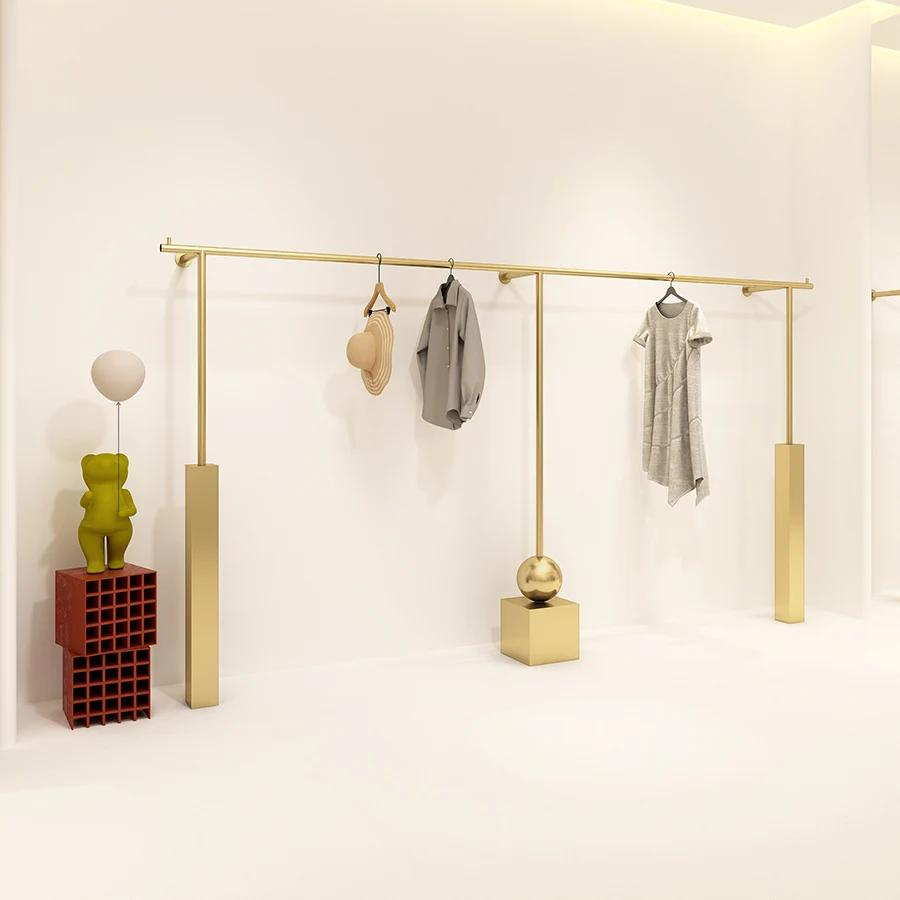 Customized boutique metal clothing wall-mounted display rack stainless steel gold clothing rack wall-mounted clothing store