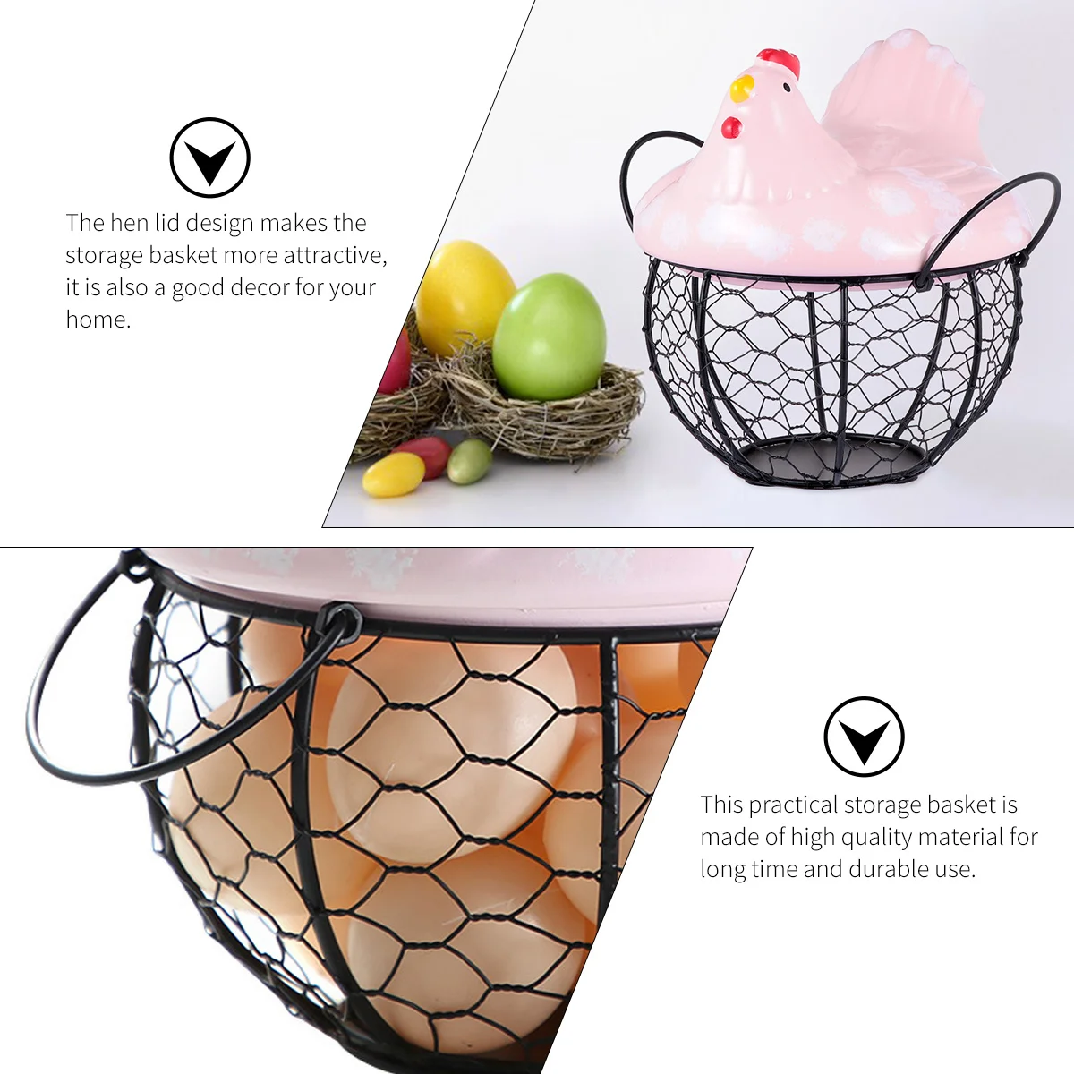 

Hanging Fruit Basket Small Chicken Egg Holder Woven Mesh Storage for Kitchen Iron with Lid Snack