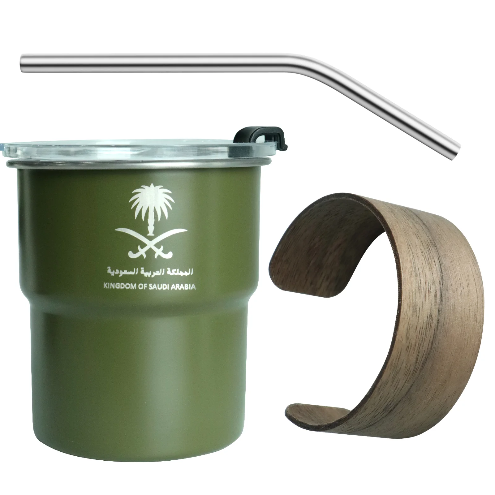 The National Emblem of Saudi Arabia Logo New Stainless Steel Cup Beer Mug with Lid Wood 300ml Outdoor Camping Coffee Mug