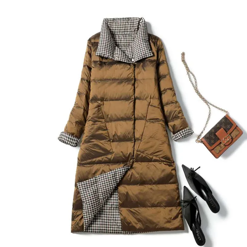 FTLZZ New Autumn Winter Women Double Sided Ultra Light Long Down Coat 90% White Duck Down Parkas Warm Snow Plaid Outwear