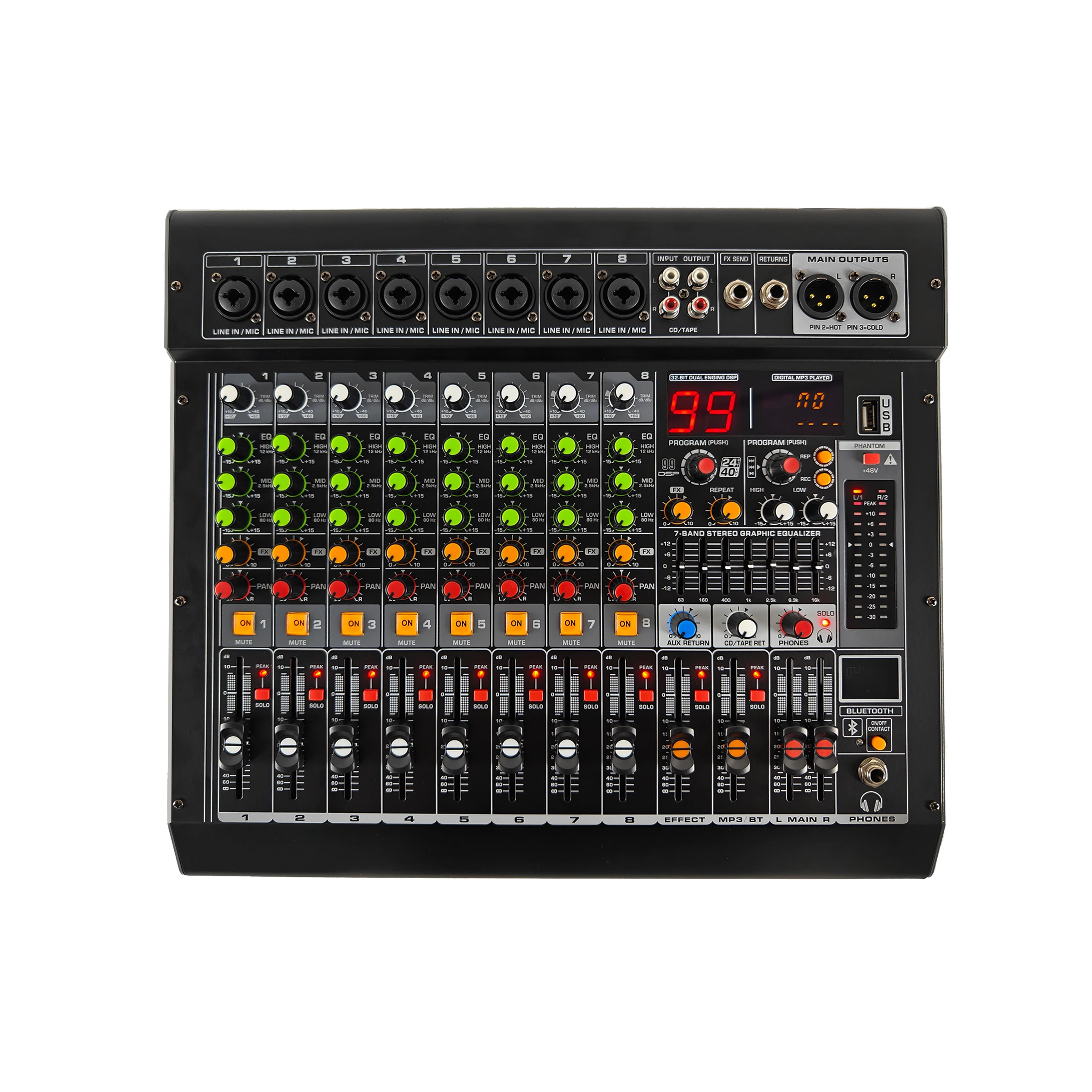 Console de mixage audio professionnelle 8 canaux avec 99 effets DSP pour DJ, scène, karaoké, église, studio, sonorisation en direct