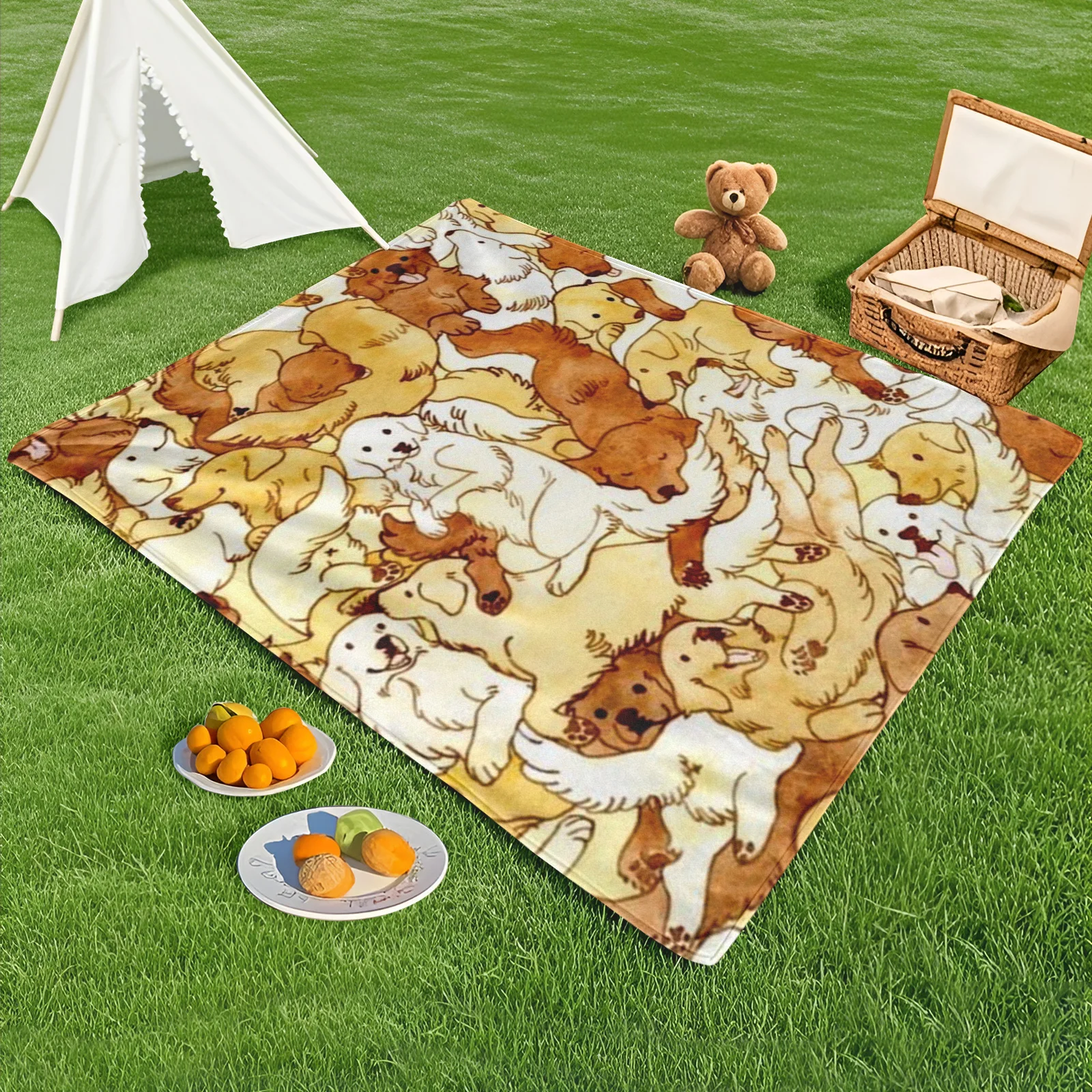 

Chic Outdoor Blanket With Dog Patterns In White And Yellow Tones For Picnics Camping And Outdoor Adventures With Pets