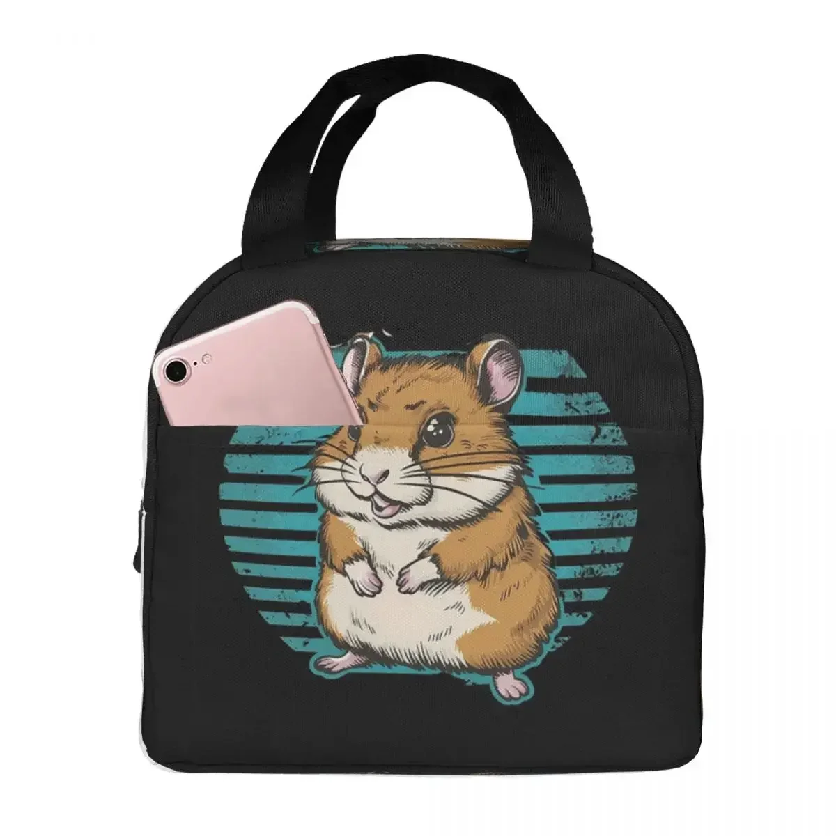 

Cartoon Hamster In Blue And White Stripe Circle Lunch Bags Insulated Bento Box Lunch Tote Picnic Bags Thermal Bag for Woman