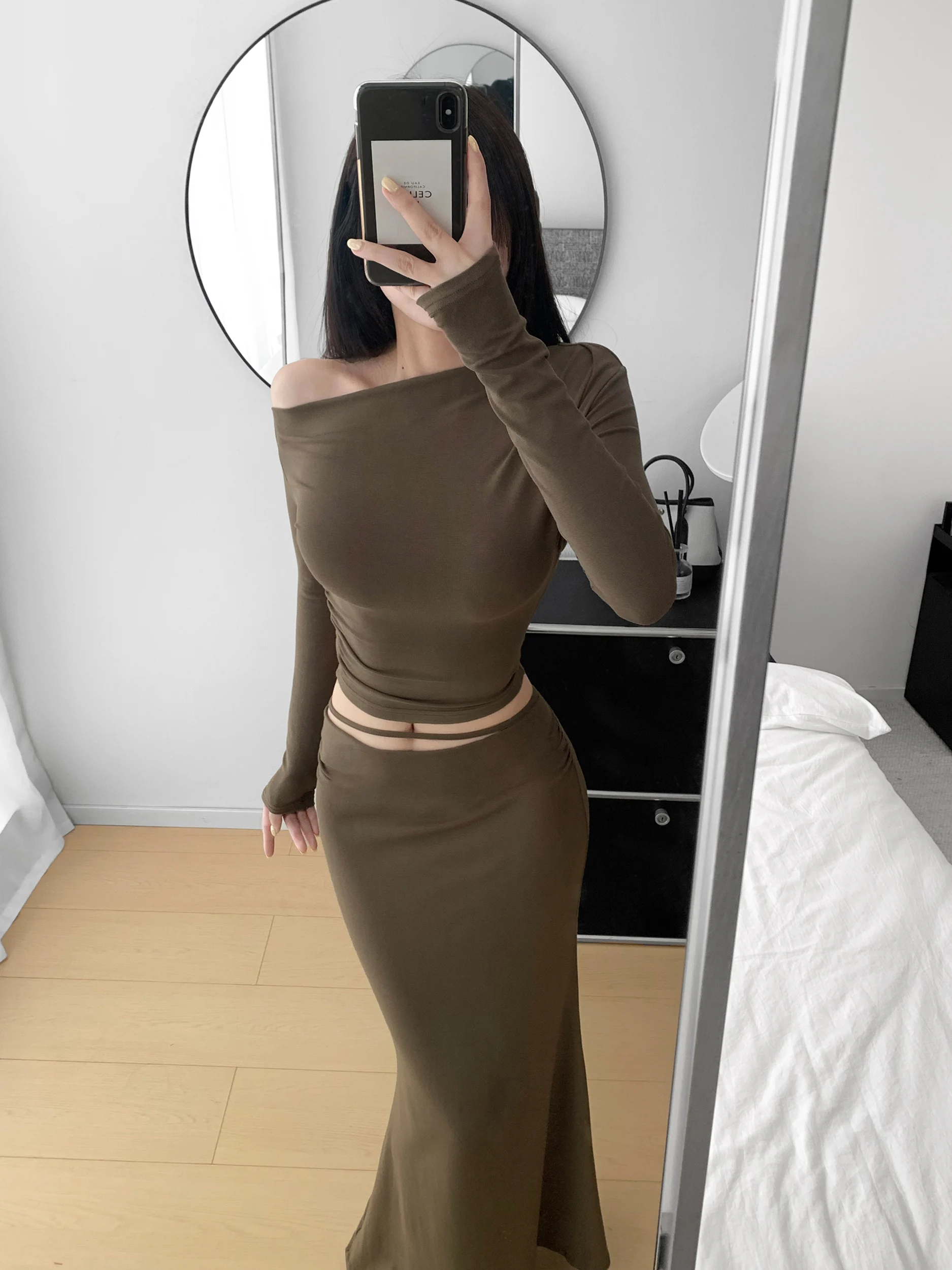 Long Tailored Half Skirt And Sleeveless Top Set Women's Autumn Fashion Casual Sportswear Pure Cotton And Spandex Blend