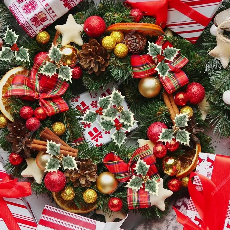 10/200Pcs Artificial Holly Berry Green Leaves Christmas Ornaments Gold Red Holly Berry Stems Xmas Tree Wreath Gifts Party Decor