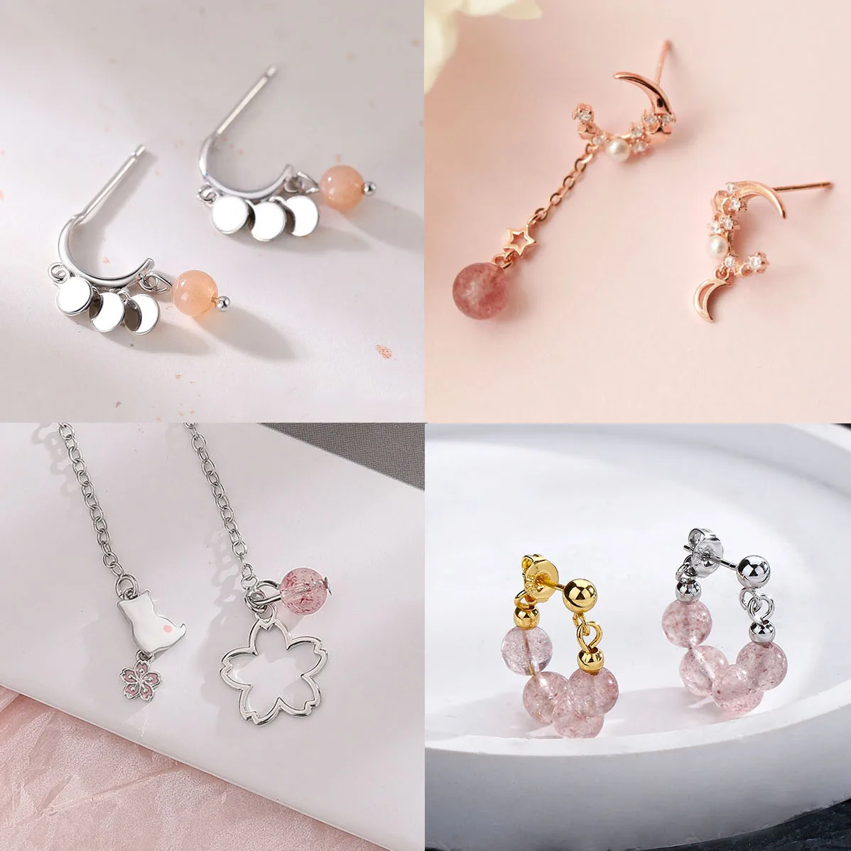 New Trendy Silver Gold Color Stud Earrings Drop Strawberry Pink Cat Heart Butterfly For Women Girl Gift Fashion Jewelry Dropship