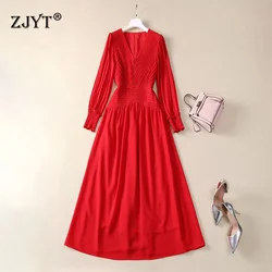 ZJYT Elegant Women's Long Evening Party Dresses 2025 Spring New Designer Full Sleeve Ruched Aline Dress Red Blue Vestidos Lady