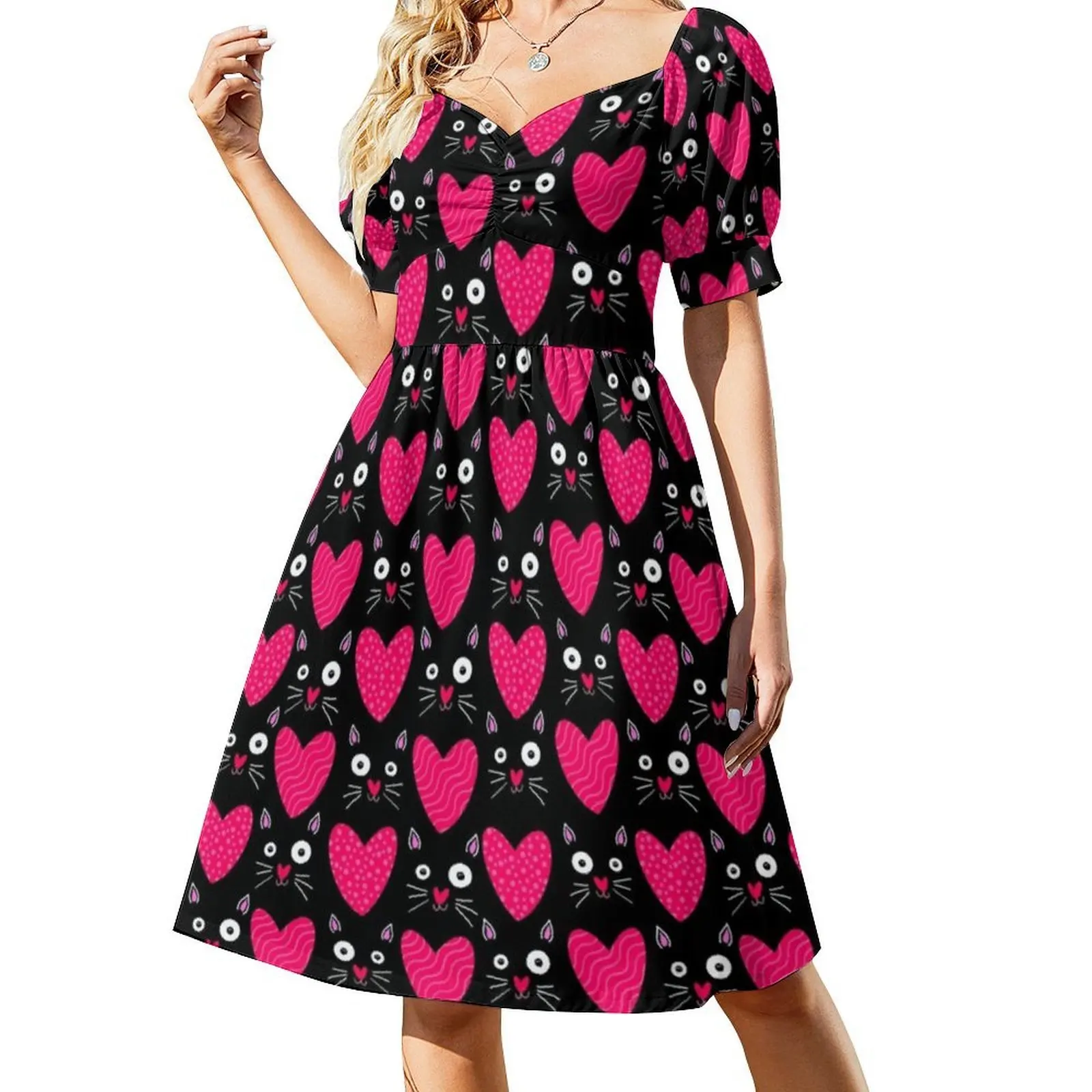 

Cat Got Your Heart Vintage Bohemian Dress Puff Sleeve Or Sleeveless Options For Women Dress Valentines Valentine Checkered Cat