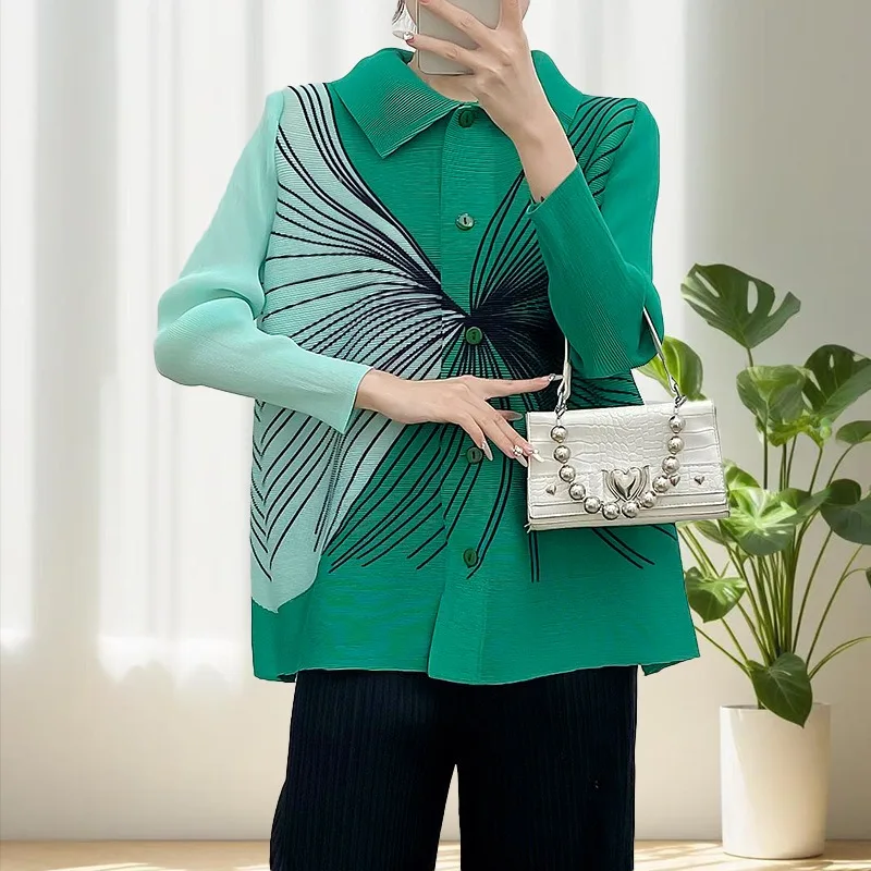 

Miyake Pleated Shirt 2025 Spring New Large Size Blouse Short Jacket Pleated Thin Yanqi High-grade Tide Leisure Women Clothing