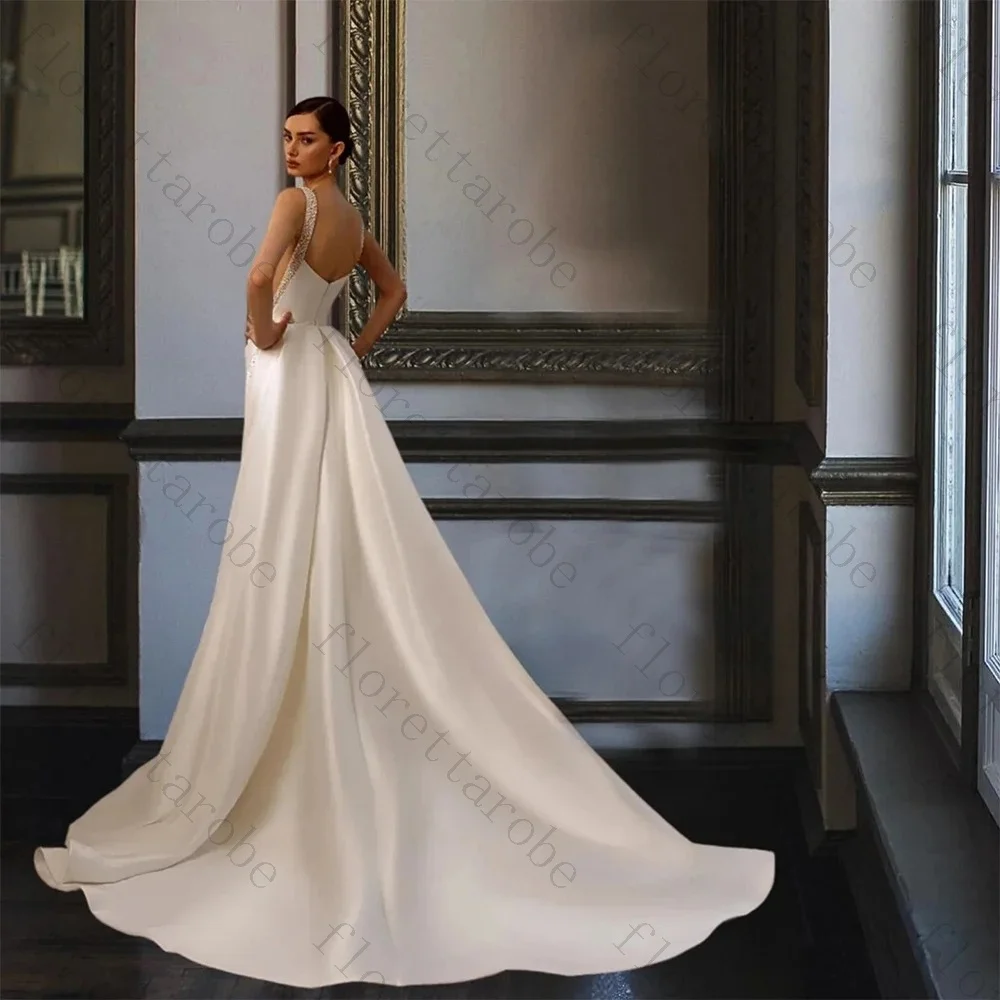 Customized Exquisite Pearls Mermaid Wedding Dresses Floor Length Detachable Bride Gowns Soft Satin Square Neck Wide Straps Gowns