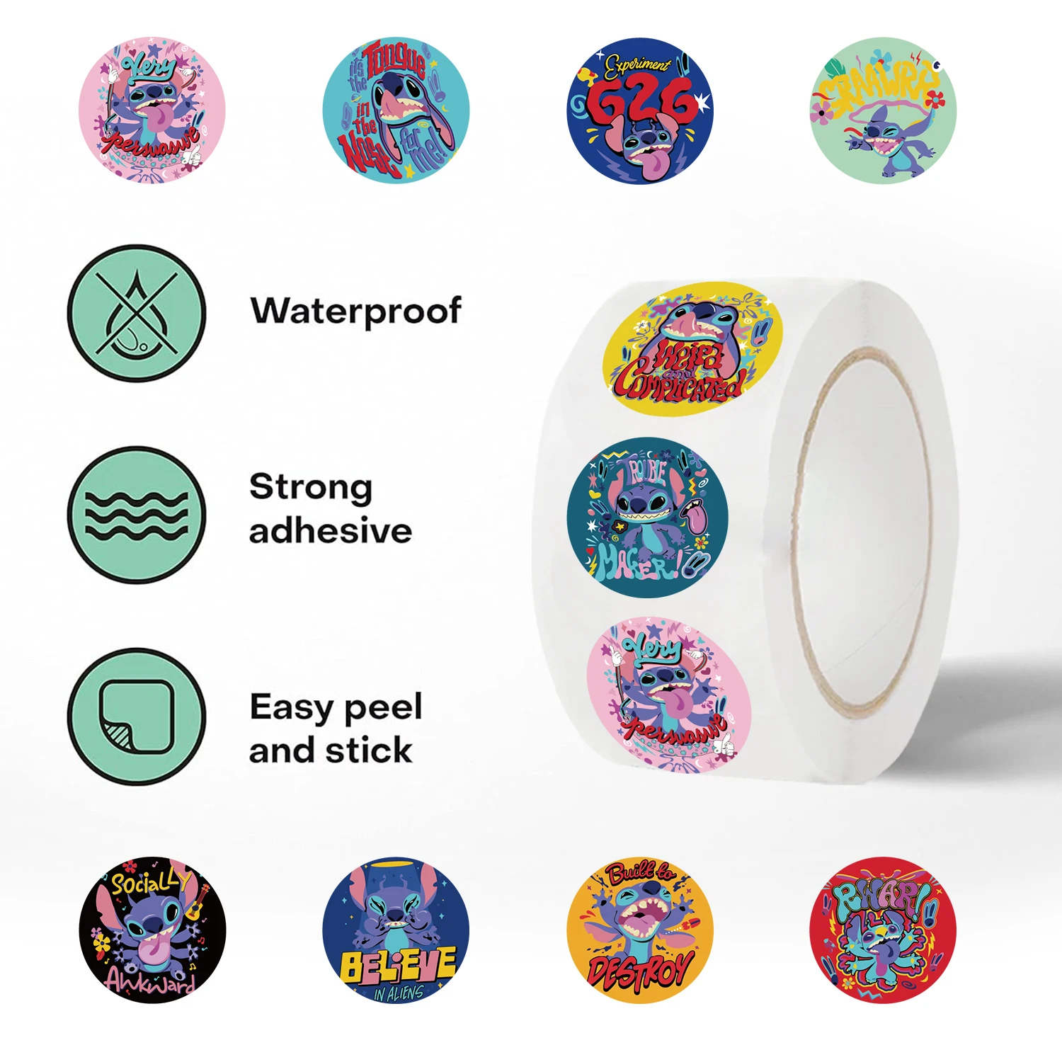 500 قطعة من ملصقات ديزني ستيتش رول للمذكرات والكمبيوتر المحمول والأمتعة ولوح التزلج وملصقات كرتونية لتزيين الهدايا الكلاسيكية الممتعة