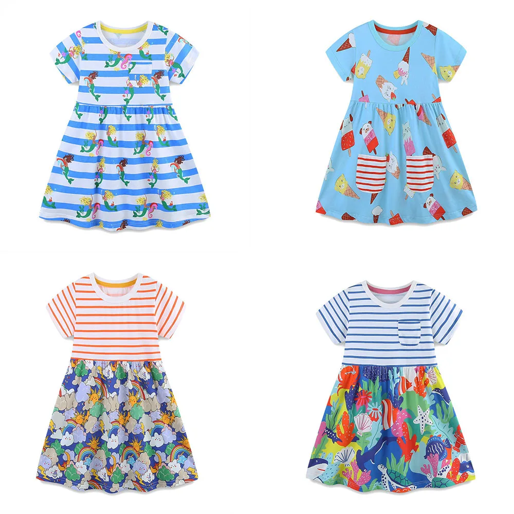 Jumping Meters Short Sleeve  New Arrival Girls Dresses Animals Printed Hot Selling Summer Kids Clothing Baby Frocks