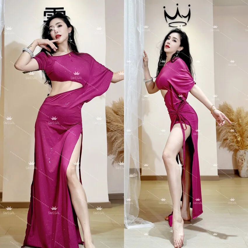 

customized Belly dancewear practice outfit Oriental dance with silver ice silk single-sided off shoulder waist bat sleeve dress