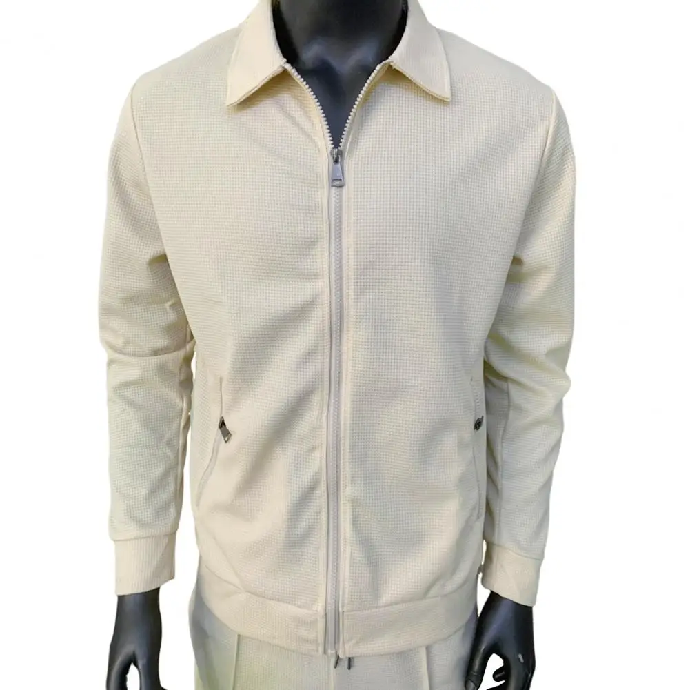 Chaqueta de algodón ajustada con cremallera para hombre, chaqueta elegante con patrón de gofres, solapa con cremallera, Primavera