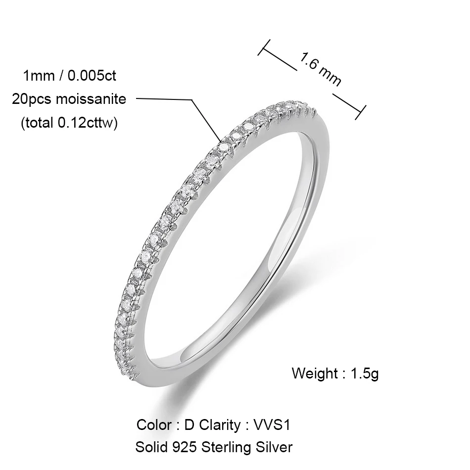 

ALLNOEL 1-4mm Full Moissanite Ring for Women D Color VVS1 Female Single Tail Ring 925 Sterling Silver Ring Wedding Eternity Band