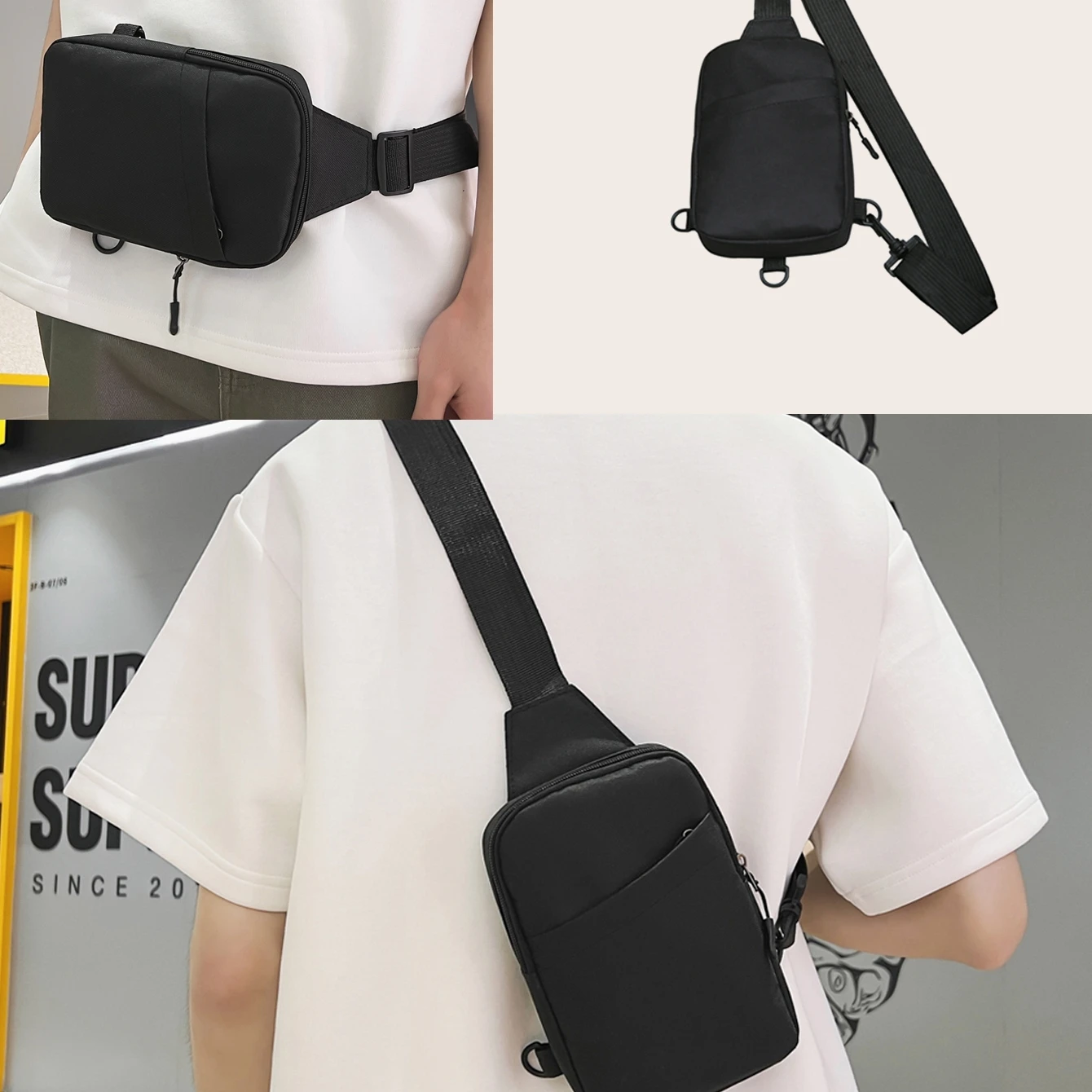 Mini Minimalist Sling Bag Black Messenger Bag Fashion Shoulder Bag Casual Chest Bag Backpack Variable Waist Bag Mobile Phone Bag