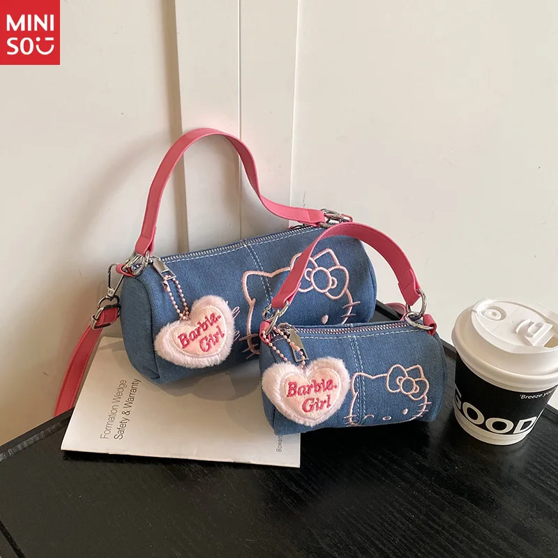 Miniso Cylinder Denim Hello Kitty Bag, Embroidered Tote for Work & Casual Use