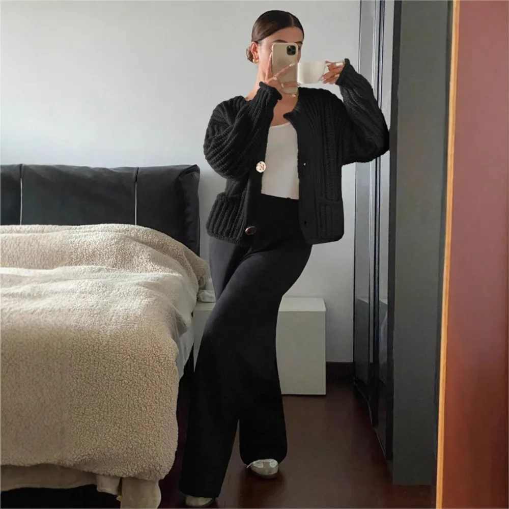 

Winter Clothes Woman Pulls Femmes Loose Round Neck Women's Pocket Long Sleeve Sweater French Cardigan Jacket Solid Color Casual