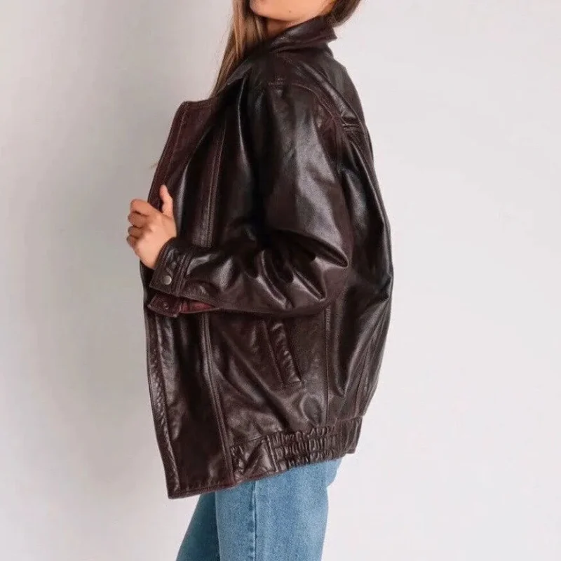 Women Jacket Retro Brown Real Lambskin Leather Vintage Oversized Jacket