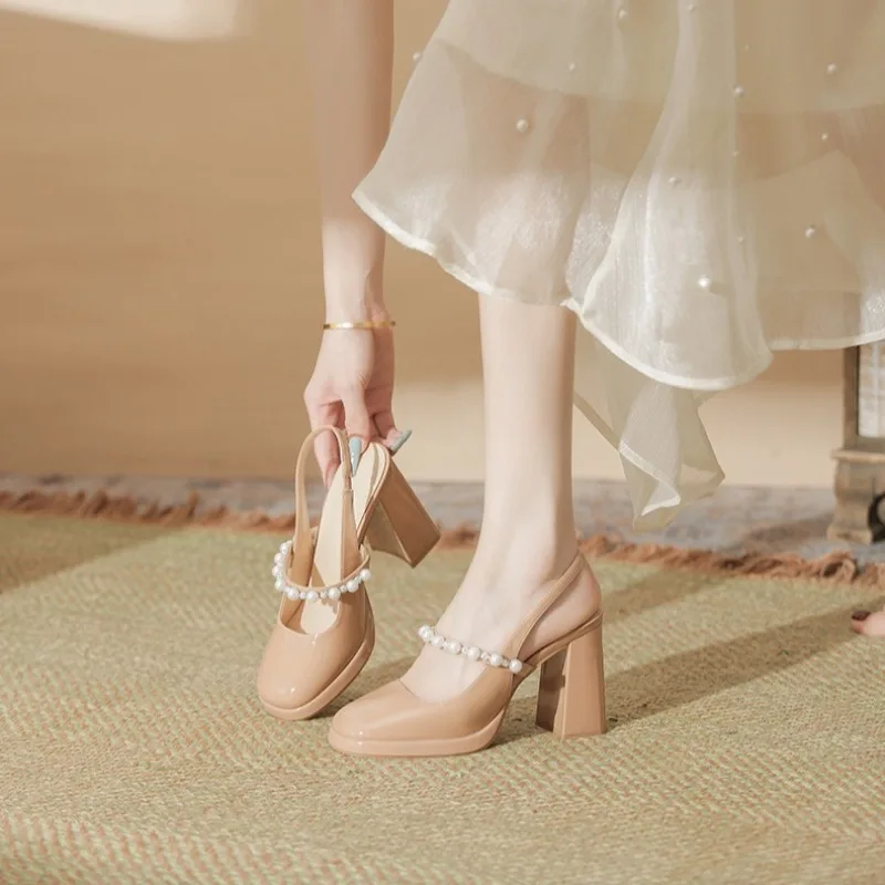 

New Women Shoes Exquisite Imitation Pearl High Heeled Sandals for Woman Elegant French Casual Shoes Designer Shoes Zapatos Mujer