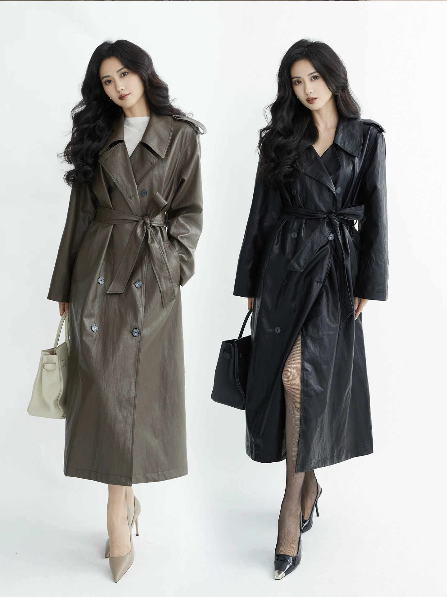 Giacca a vento lunga e ampia da donna Bla, giacca in pelle a spalla lunga TAIYANG OFFICE per il pendolarismo autunnale