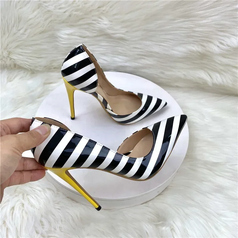 Women Pumps PU 12CM Stiletto Spring and Autumn New Black and White Striped Side Hollow Pointed Shallow Mouth Shoes Woman Shoe