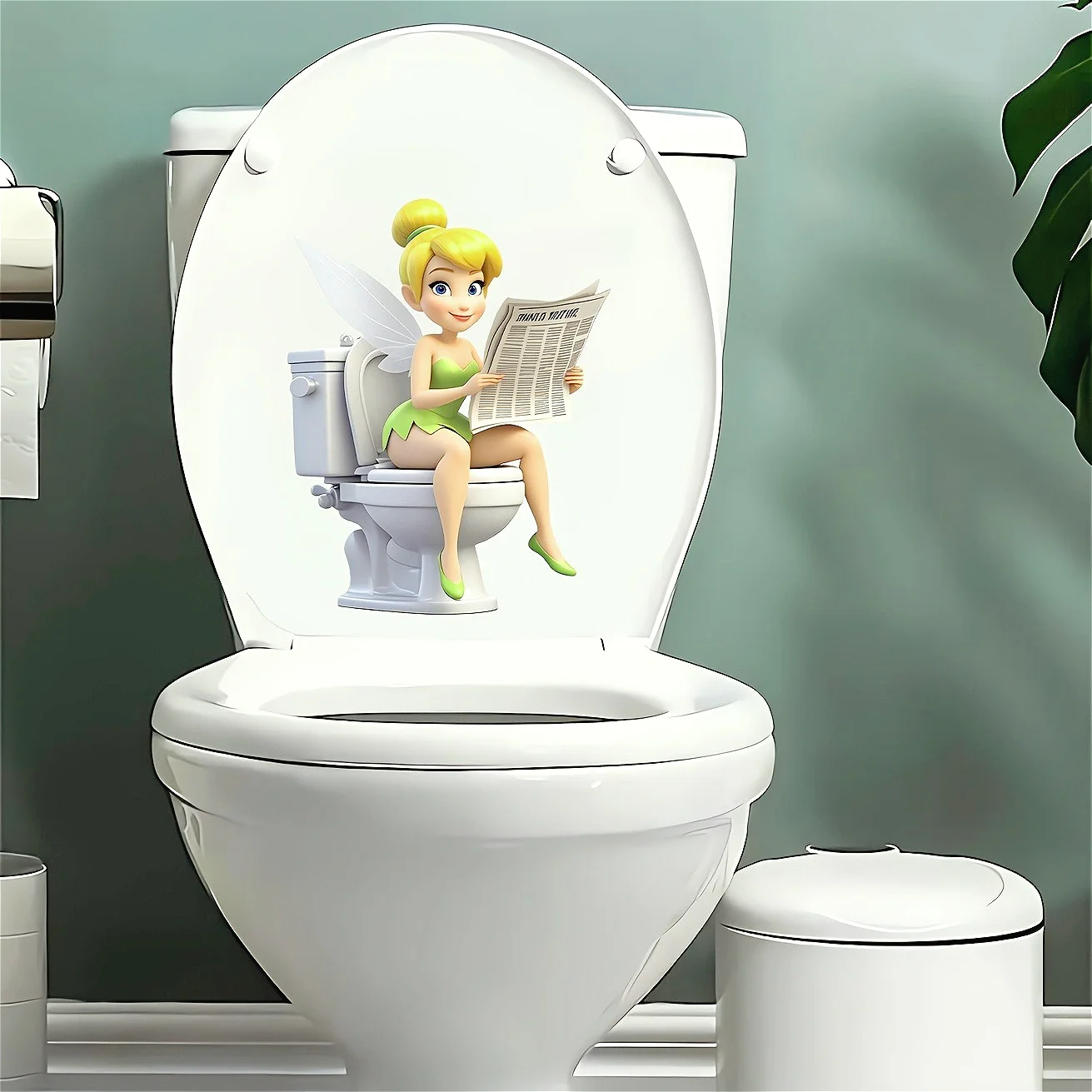 1 Adhesivo autoadhesivo impermeable para inodoro de Tinkerbell de Disney, decoración de baño de hadas de fantasía, adecuado para el hogar, refrigerador y ventanas, decoración juguetona para el hogar