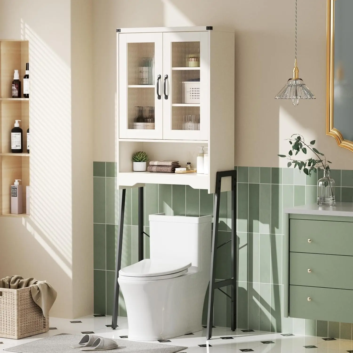 

Over The Toilet Storage Cabinet with Tempered Glass Doors & Adjustable Shelf, Bathroom Organizers and Storage with Metal Stan