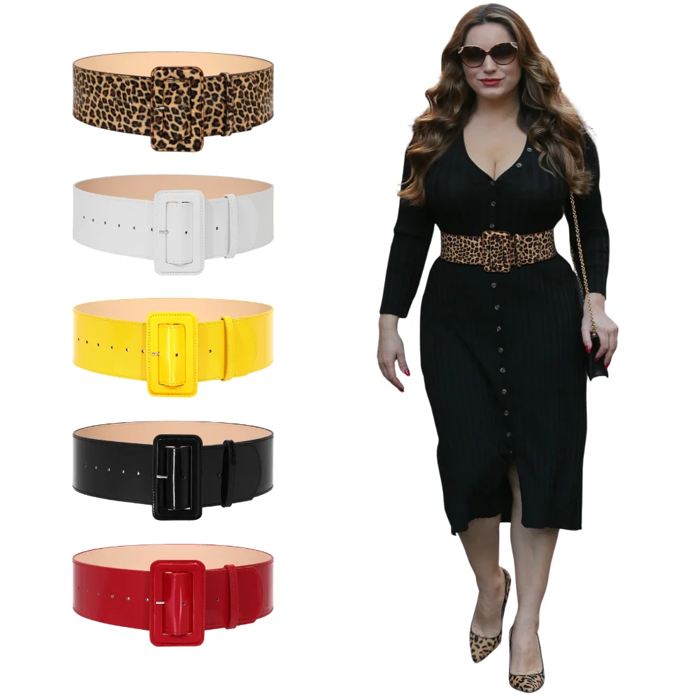 Women’s Wide Square Buckle Waist Belt, 5 Colors Patent Leather Waist Cincher, Vintage Leopard Print Statement Belt for Midi Dres