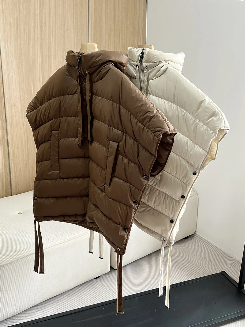 Schinteon Women 90% White Duck Down Irregular Vest with Hood Sleeveless Jacket Solid Fashionable Autumn Winter Top 2025 New