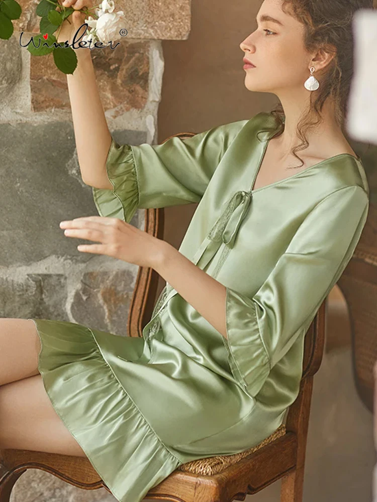 Winsleter,Women Solid Ruffled Edge,French V-Neck Elegant Home Wear,100%Mulberry Silk Pajama Dress,2024 Spring New P41892QC