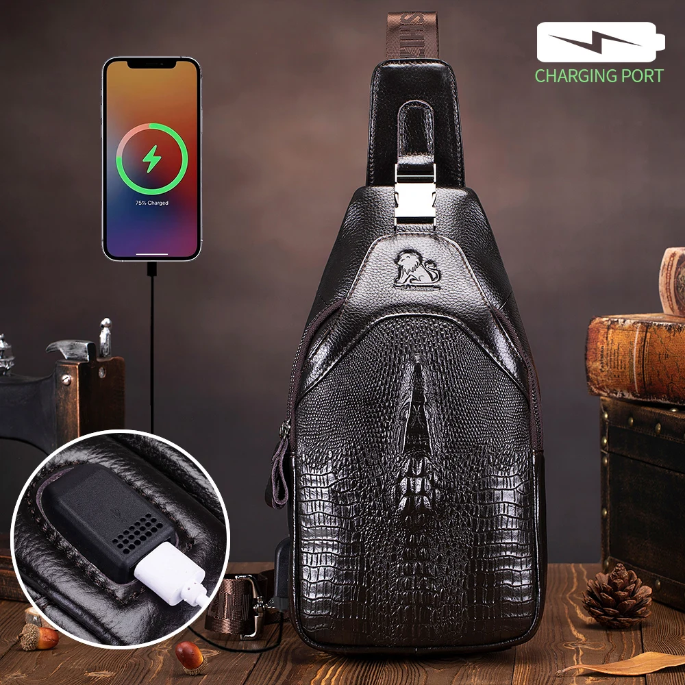 

Retro men's leather chest bag, crocodile patterned cowhide crossbody bag, large capacity tablet bag with USB charging port
