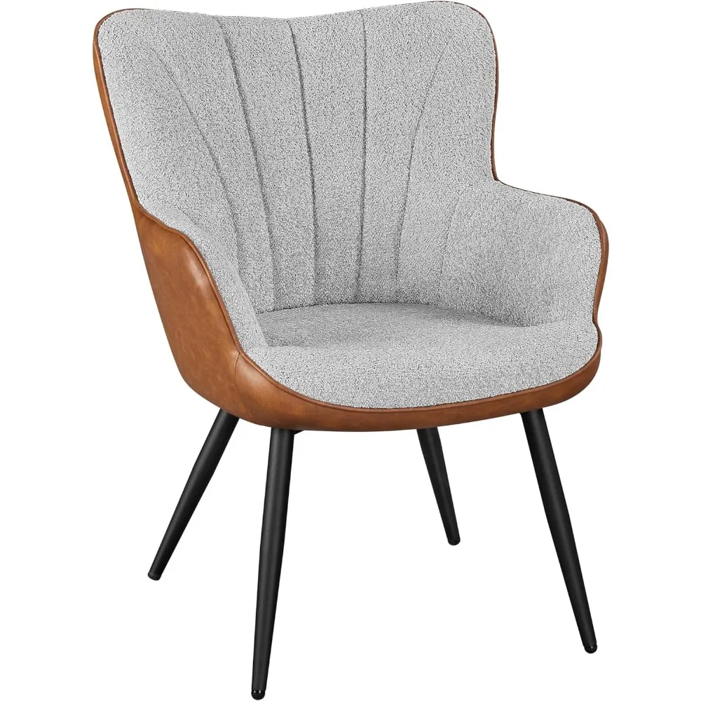 

Accent Chair, Modern Fuzzy Boucle Fabric and Faux Leather Armchair Upholstered Vanity Chair with High Curved Back and Metal Legs