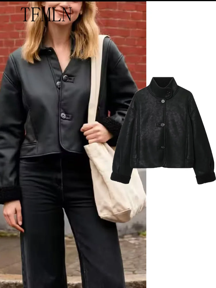 High street mulheres jaquetas de pelúcia de couro falso 2025 moda inverno único breasted casacos soltos retro gola outwear