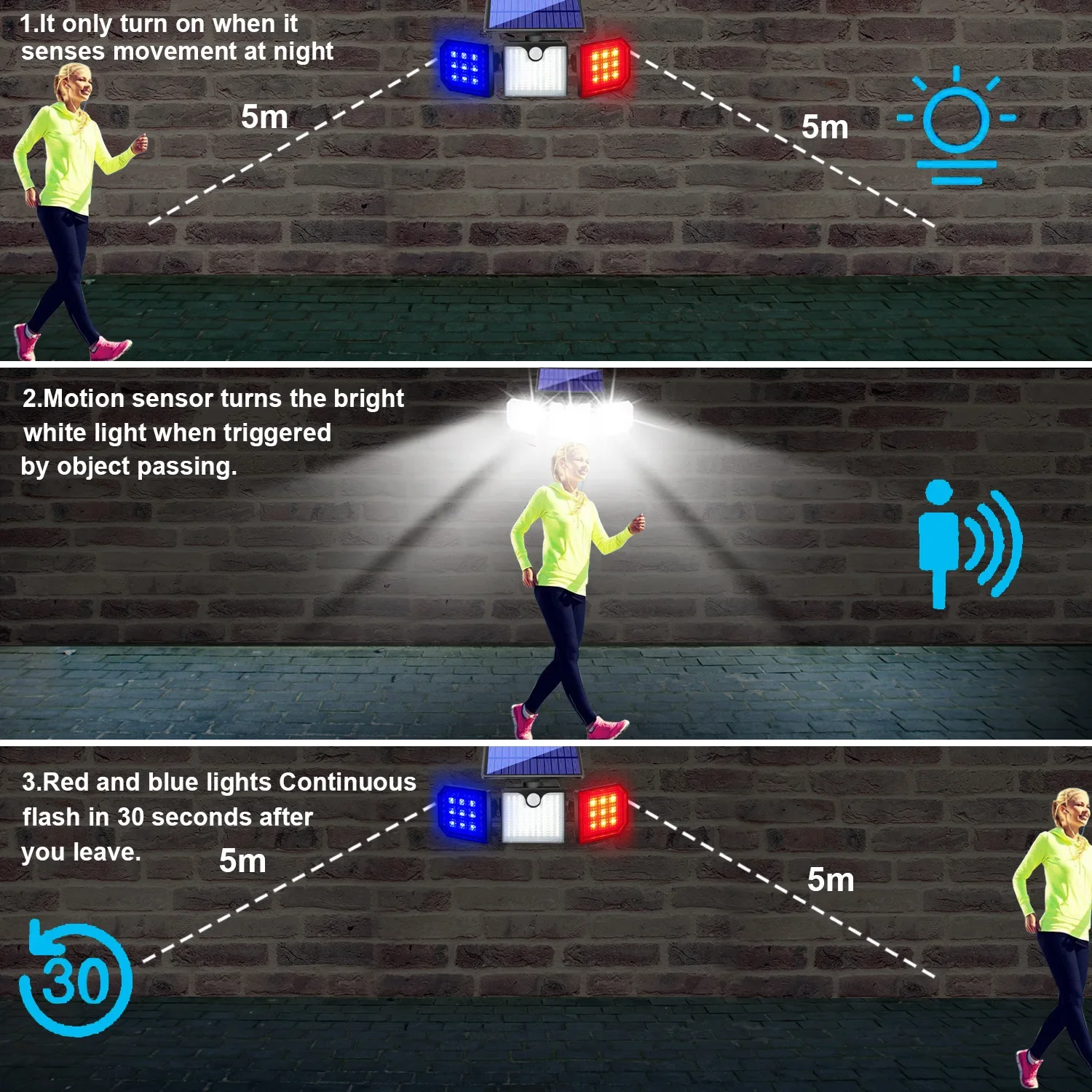 230LED Solar Lamps Wall Light Waterproof IP65 Outdoor Warning Light Strobe Garage Lamp Strobe Light Control Human Body Induction
