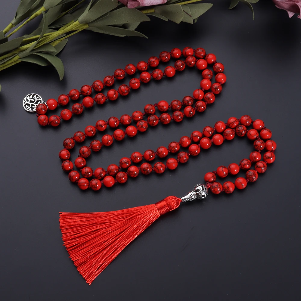 

OAIITE 6/8mm Red Turquoise Necklace for Women 108 Japamala Bead Buddhist Prayer Tassel Necklace for Men Long Chain Jewellery