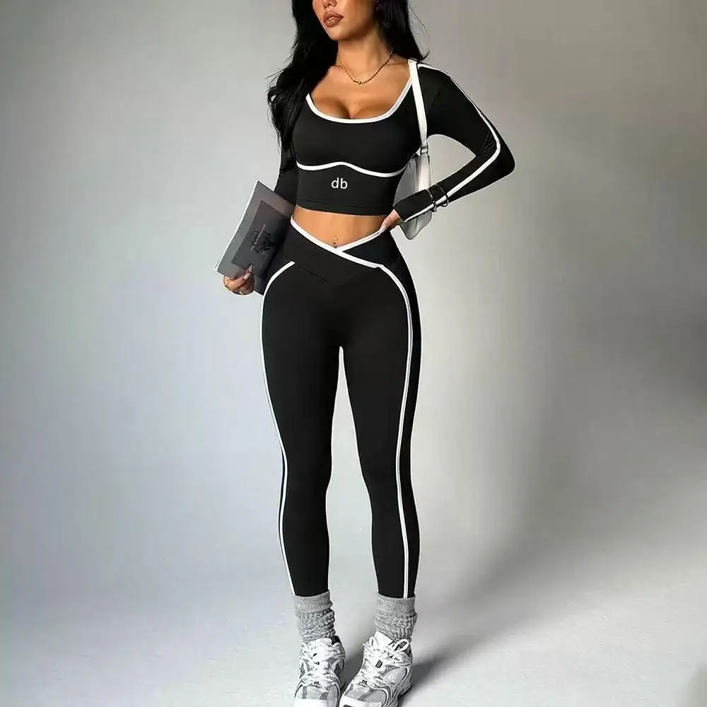 Women's color-block yoga set - tight long-sleeved V-neck figure-hugging yoga pants for exercise and fitness training