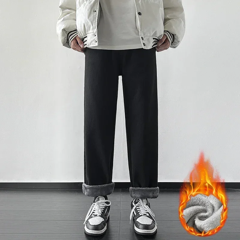 Calça jeans reta larga masculina com elástico na cintura, jeans de lã, engrossada e quente, calça térmica, moda coreana, inverno, 4 cores