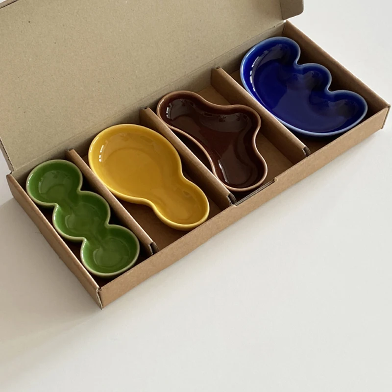 Colorful Ceramic Sauce Plate Wasabi Oil Vinegar Dispenser Container Japanese Korean Style Dining Room Accessories 4 Pcs Set