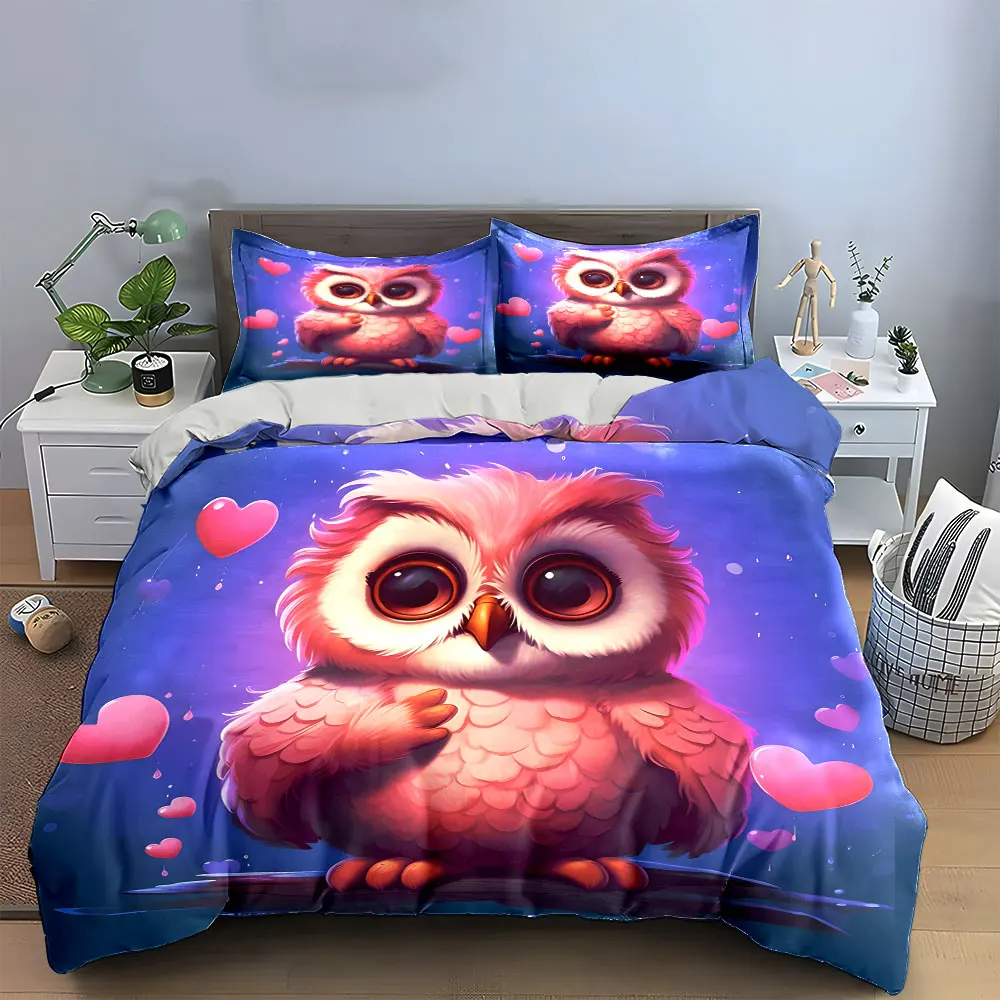 3-teiliges niedliches rosa Eulen-Bettwäsche-Set, Cartoon-Eule mit Herz-Print Bettbezug + 2 Kissenbezüge für Kinder und Erwachsene Schlafzimmerdekoration.